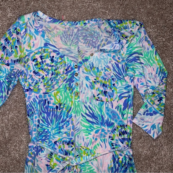 Lilly Pulitzer V-Neck Midi Dress - Waist Tie, White with Blue & Green Pattern - Picture 2 of 5